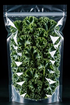 Fresh green kale leaves inside clear plastic zip bag. Organic leafy vegetable packed in transparent packaging for grocery retail meal prep. Healthy raw superfood ingredient isolated on dark