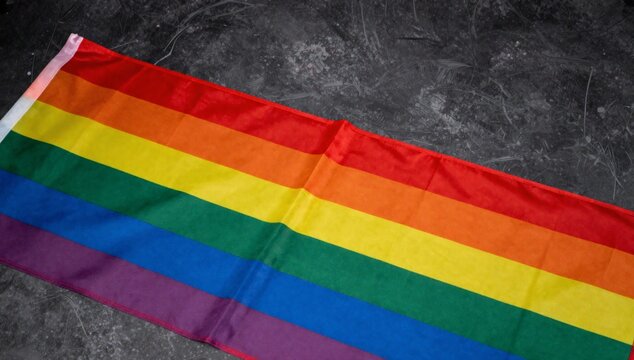 Rainbow flag with six stripes laid flat on a textured dark gray surface
