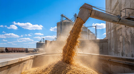 A bustling scene of grain silos being loaded into a truck bed in an industrial agricultural setting. The side view showcases the concrete and metal materials, with brown and gray tones. © ikura