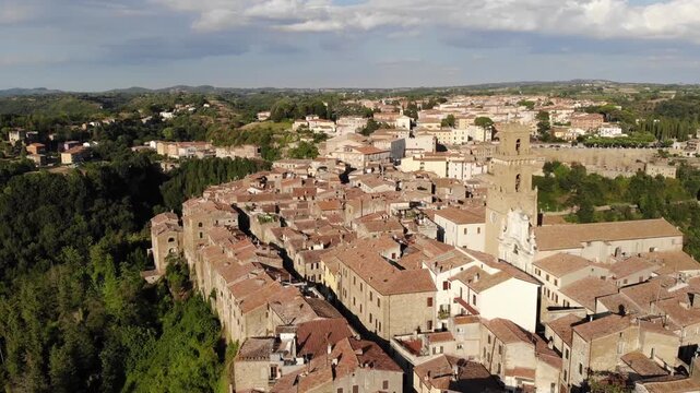 Drone Aerial Overview of Pitigliano Historic Medieval Town with Cathedral Tower, Tuscany, Italy