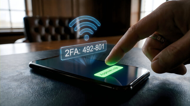 Smartphone Displaying a Wi-Fi Signal and a 2fa Authentication Code on a Desk. Secure Access and Digital Verification Concept.