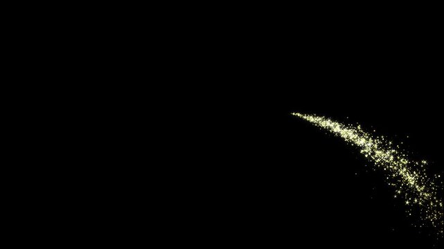 Golden glitter sparkle trail with glowing particles, twinkling fairy stars, magical stardust shimmer, elegant curved path, enchanting motion transition on black screen 4k