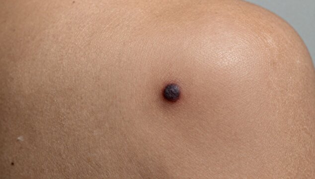 Close-up view of a dark mole on human skin with visible pores and texture