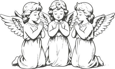 Fototapeta premium Three praying angels with wings children in robes kneeling and praying together