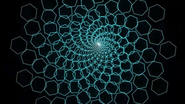 Abstract digital background with glowing neon pentagon shapes in a spiral pattern