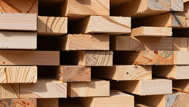 Neatly stacked lumber showing wood grain and textures in warm light
