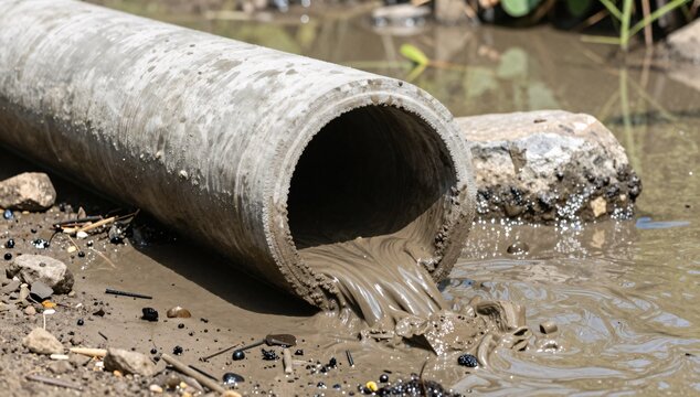 Dirty mud flows out of a large concrete pipe onto the muddy ground