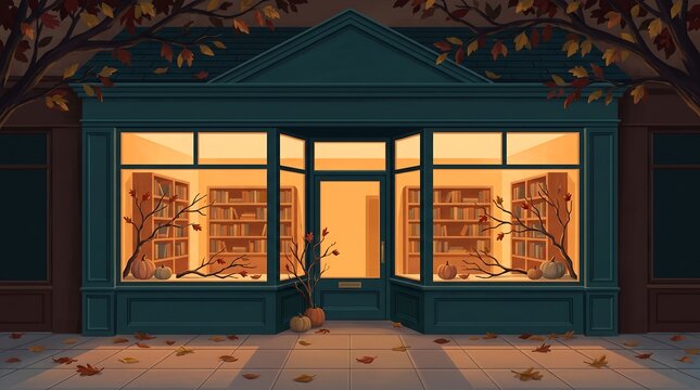 Cozy autumn bookstore storefront illustration with warm lit windows, pumpkins and fallen leaves, ideal for fall seasonal promotions, back to school sales and independent bookshop marketing