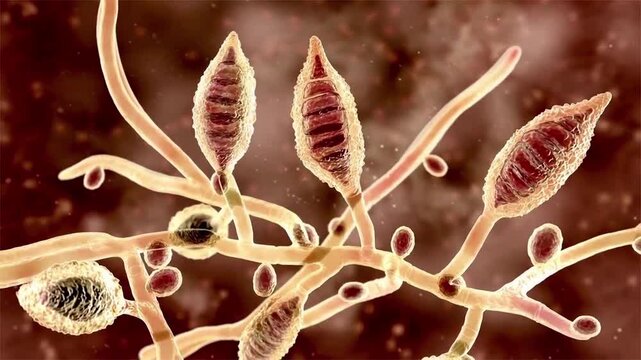 Microsporum canis, 3D animation. Zoophilic dermatophyte fungus causing tinea capitis, tinea corporis and other superficial infections of hair and skin in humans and animals.