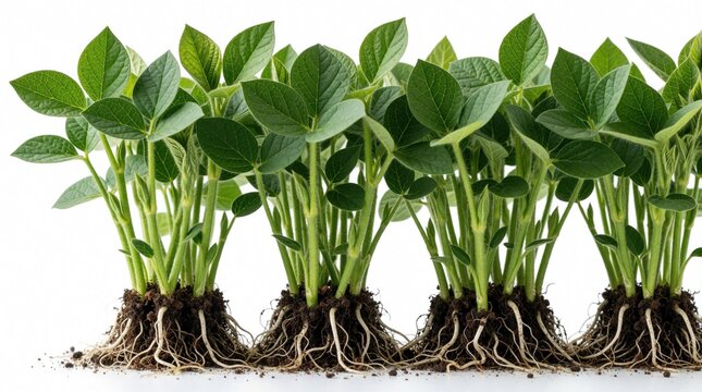 Fresh green soybean plants with healthy roots isolated on white background. Small sprouts grow from organic soil in rows. Young legume seedlings show development, growth for agriculture farming