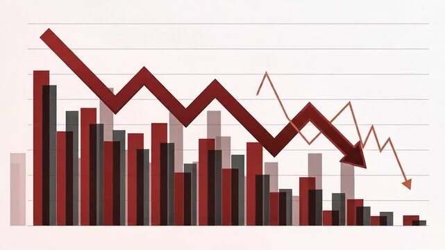 Red Business Graph Showing Stock Market Crash and Financial Decline with Downward Arrow and Bar Charts Representing Economic Recession