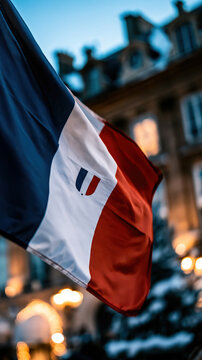 French flag winter scene Paris snow city light