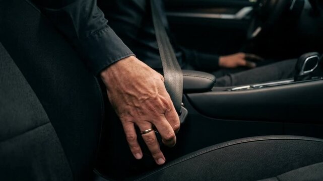 A person's hand firmly gripping a car seat belt buckle, preparing to fasten it into the receiver, emphasizing driver or passenger safety and preparedness for a journey.
