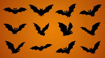 Fototapeta premium Halloween black bat silhouettes collection on orange background, flying spooky bats set for autumn holiday design decoration