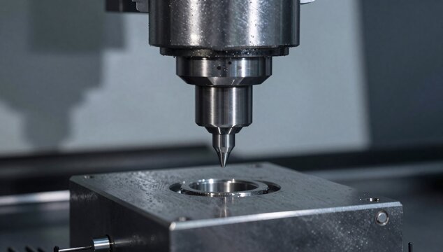 Close-up of a precision cnc machining tool working on a metal workpiece
