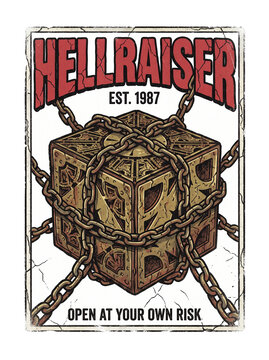 Retro vintage horror poster design featuring an ornate puzzle box wrapped in chains with bold typography reading HELLRAISER and OPEN AT YOUR OWN RISK