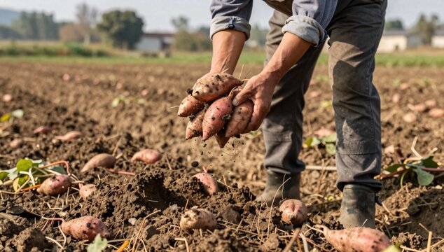 Farmer harvesting fresh sweet potatoes from a field on a sunny day
