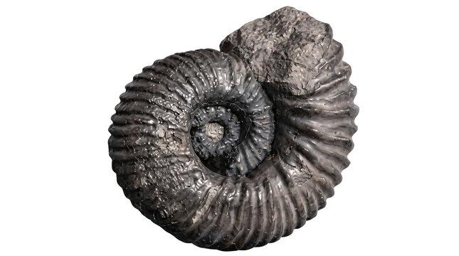 Ancient ammonite shell fossil with spiral ridges isolated for paleontology study.