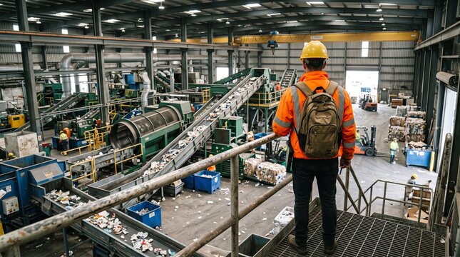 Inspector overseeing recycling facility sorting line and machinery