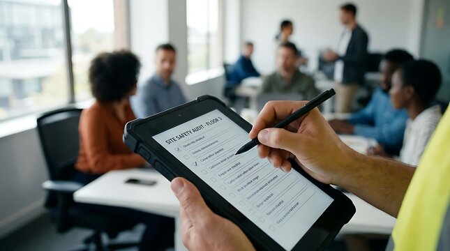 A professional holding a rugged digital tablet with a stylus, reviewing a site safety audit checklist document during a corporate meeting in a modern office environment