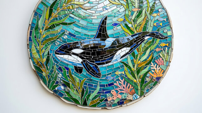 Circular mosaic artwork depicting an orca swimming through an underwater kelp forest