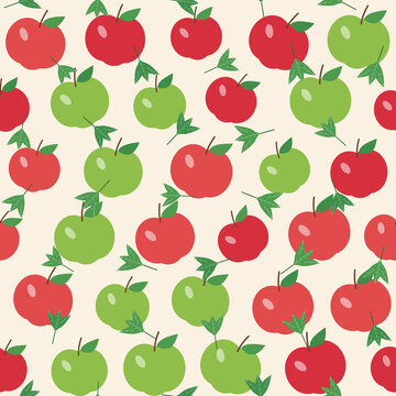 Red and green apples tossed seamless pattern on cream background