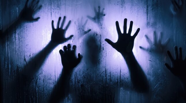Spooky shadow hands reaching through frosted glass, creepy horror hand silhouettes behind foggy glass, dark blue eerie background for halloween