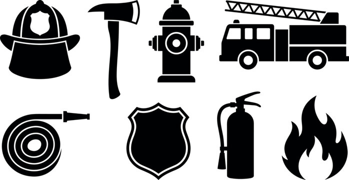 Firefighting equipment silhouettes depict a helmet firefighter axe hydrant firetruck hose shield extinguisher flame silhouette
