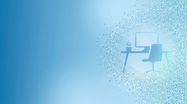 Modern workspace silhouette with fading dot pattern on blue background