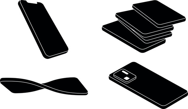 Black smartphone silhouettes depict various angles and a stack against a white background telephones devices