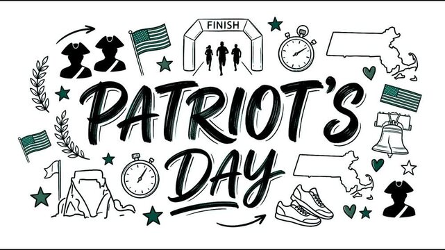  Patriots Day Doodle Vector Illustration: Hand-Drawn Massachusetts Holiday Elements, Boston Marathon Runners, American Flags, Liberty Bell, and Revolutionary War Soldiers
