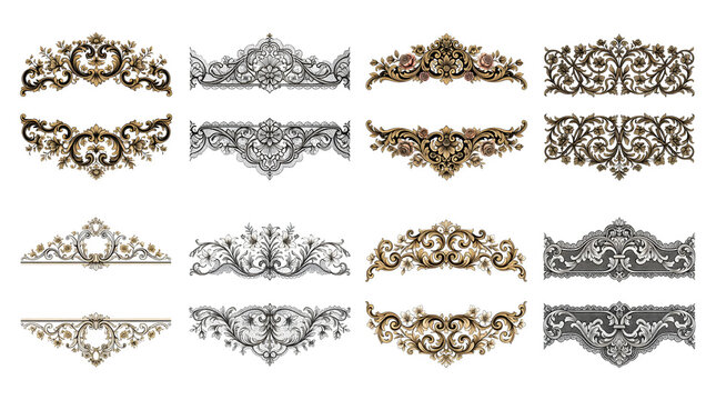 Set of vintage baroque ornamental frames and decorative borders isolated on transparent background