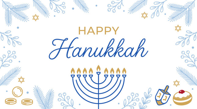 Happy Hanukkah holiday greeting design with menorah and dreidel