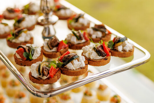 Crostini appetizers with cream cheese and grilled vegetables