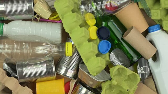 Mixed recycleable rubbish such as paper, glass, plastic and metal packaging, top view