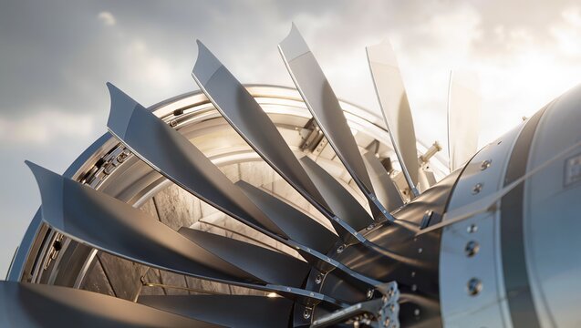 A close-up view of precision metal turbine blades and structural components of an aircraft jet engine under bright daylight, highlighting aerospace engineering technology