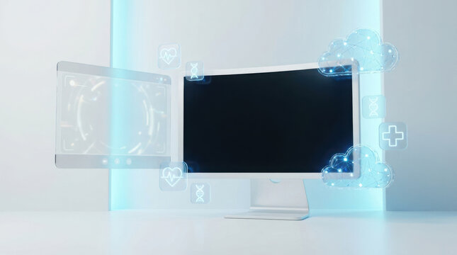 Modern computer monitor displaying futuristic digital cloud computing and healthcare interface icons.