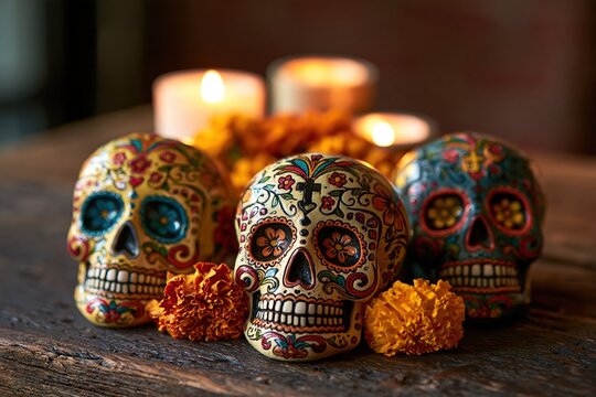 Decorative ceramic skulls with colorful floral patterns on rustic wood table with marigolds and cand