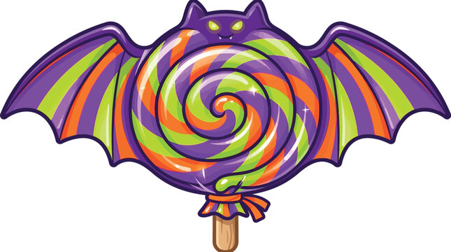 A colorful lollipop shaped like a bat with outstretched wings is a sil
