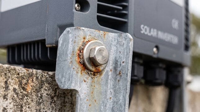 Rusty bolt on solar inverter mounting bracket outdoors