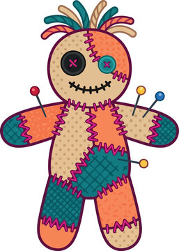 Colorful patchwork voodoo doll with stitching and pins is a vector sil