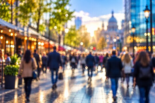 Busy City Street with Pedestrians at Sunset, Urban Lifestyle, Commuters, Shopping District, Evening Crowd and Modern City Travel Background
