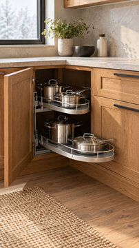 Kitchen corner cabinet with pullout trays holding steel cookware