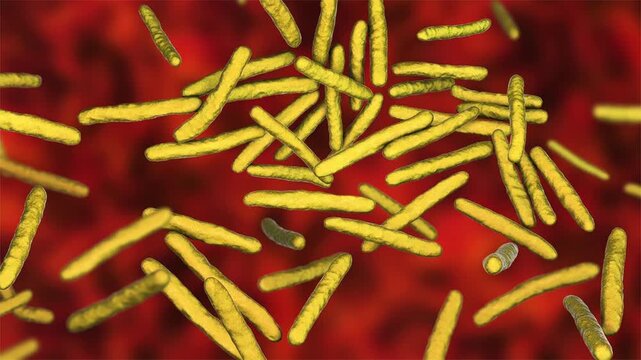 Mycobacterium leprae, 3D animation. Acid-fast bacteria that cause leprosy (Hansen disease), a chronic infectious disease affecting the skin and peripheral nerves.
