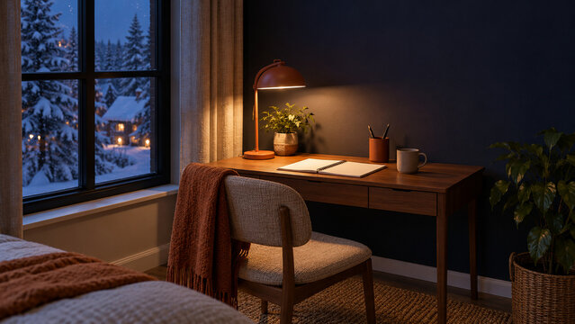 Cozy night study desk beside a snowy window