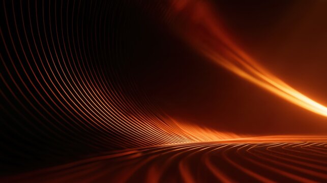 an abstract digital rendering featuring a series of curved, parallel lines illuminated by a warm orange glow against a dark background resembling a ribbed or corrugated structure Generative AI