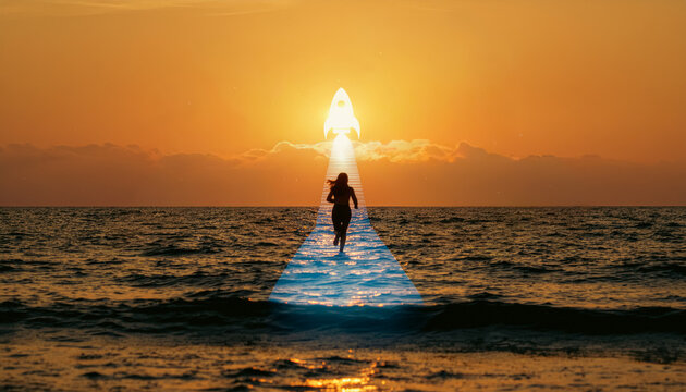 Woman running towards rocket trajectory on ocean water path during sunset