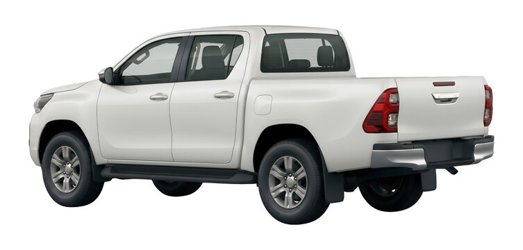 Rear three quarter angle view of generic unbranded white double cabin pickup truck mockup isolated on transparent background