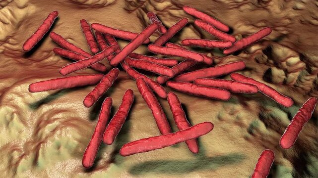 Mycobacterium leprae, 3D animation. Acid-fast bacteria that cause leprosy (Hansen disease), a chronic infectious disease affecting the skin and peripheral nerves.