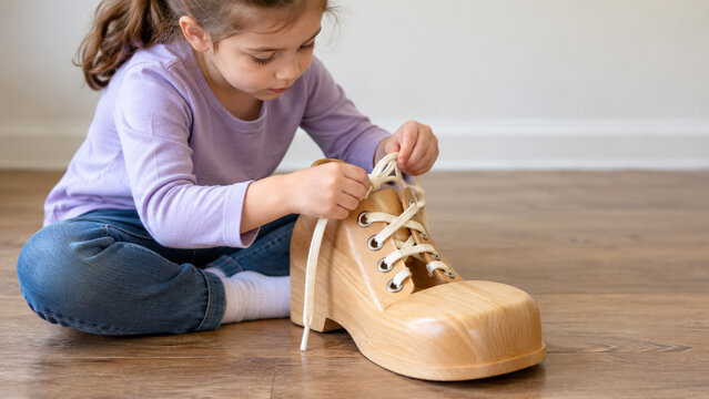 Little girl sitting on floor learning how to tie shoelaces with wooden educational toy. Concept of tying shoe laces, shoe laces, tying shoes, fine motor skills, child development, montessori.
